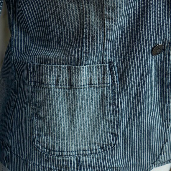 Valerie Bertinelli Y2k Denim Jacket Seersucker Stripe Retro 70s 2 Button Blazer - Picture 5 of 11